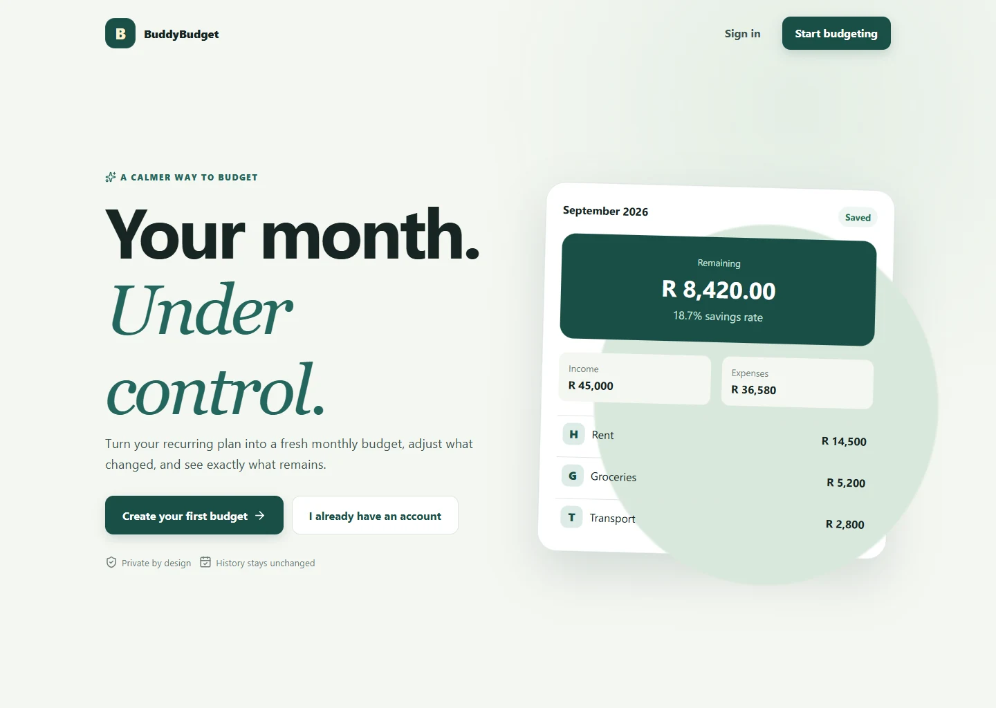 Buddy Budget landing page with a sample monthly budget preview
