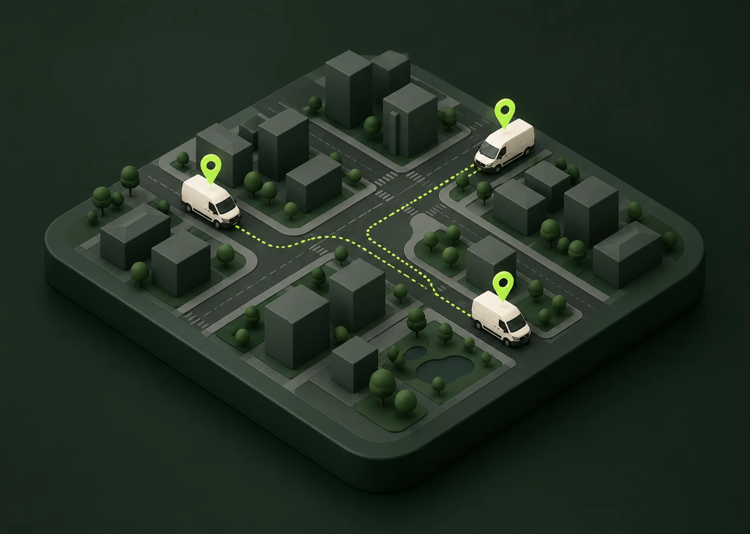 Illustration of delivery vans on a street map with lime location pins